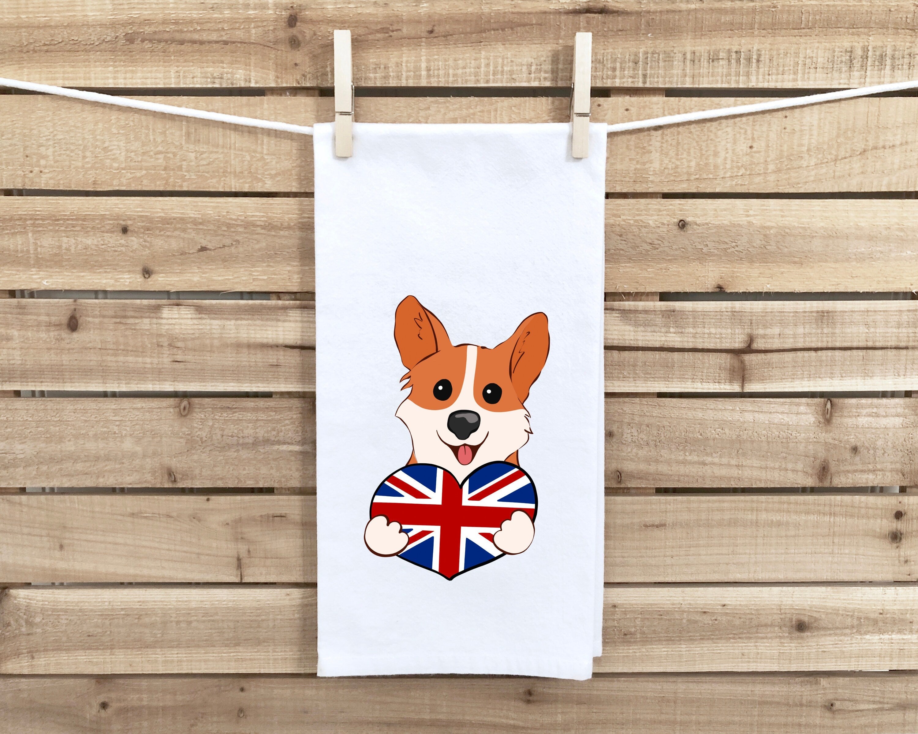 Corgi Holding a Union Jack Heart Flour Sack Kitchen Towel with Hanging Loop Funny Cute British Flag Dog Dish Cloth Housewarming Hostess Gift