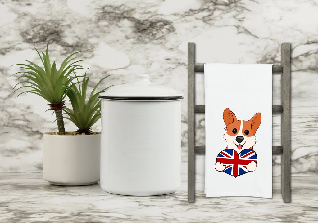Corgi Holding a Union Jack Heart Flour Sack Kitchen Towel with Hanging Loop Funny Cute British Flag Dog Dish Cloth Housewarming Hostess Gift