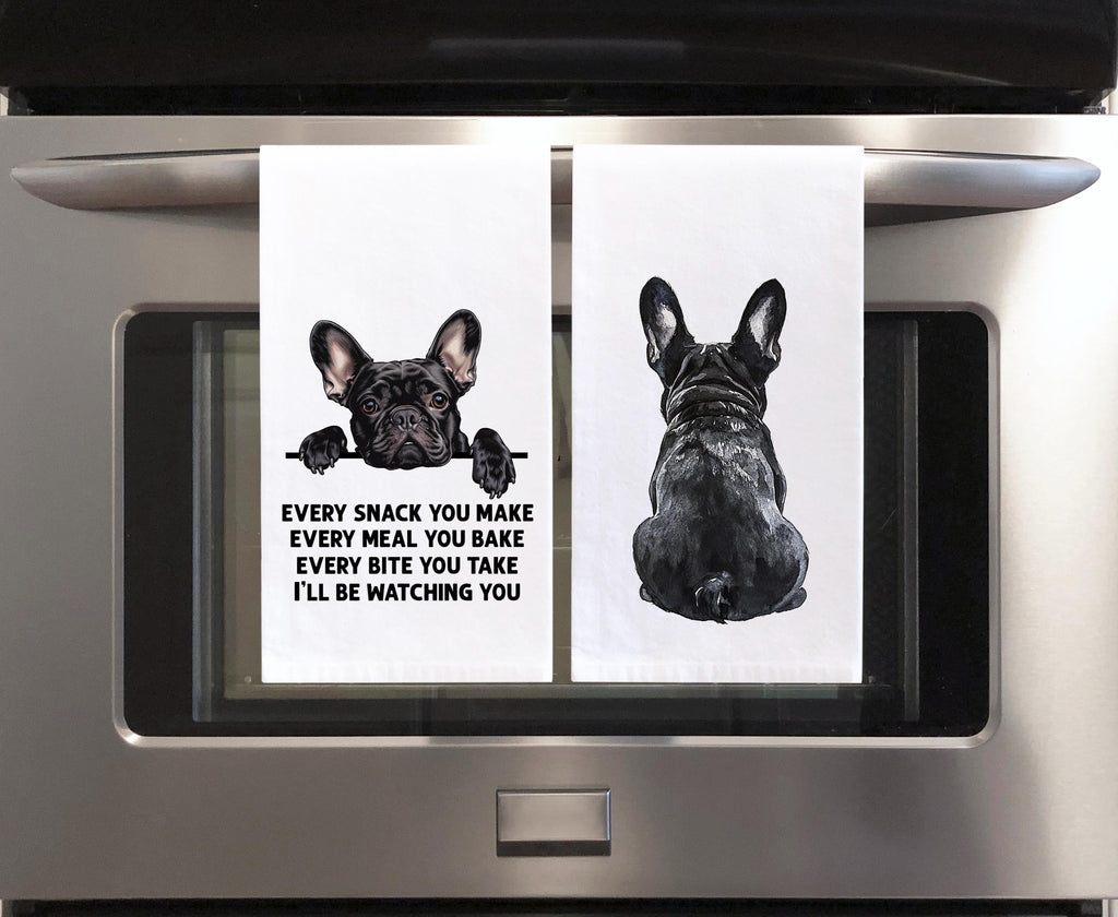 Black French Bulldog Set of 2 Flour Sack Kitchen Towels Funny Frenchie Dog Birthday Christmas Housewarming Gift Idea for Women Men
