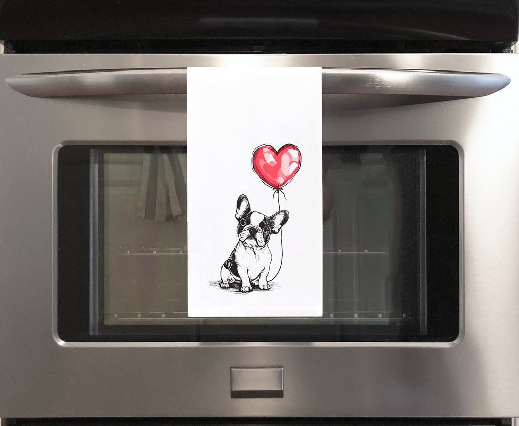 French Bulldog with Heart Balloon Flour Sack Kitchen Towel Frenchie Housewarming Birthday Christmas Valentine's Mother's Day Gift Idea