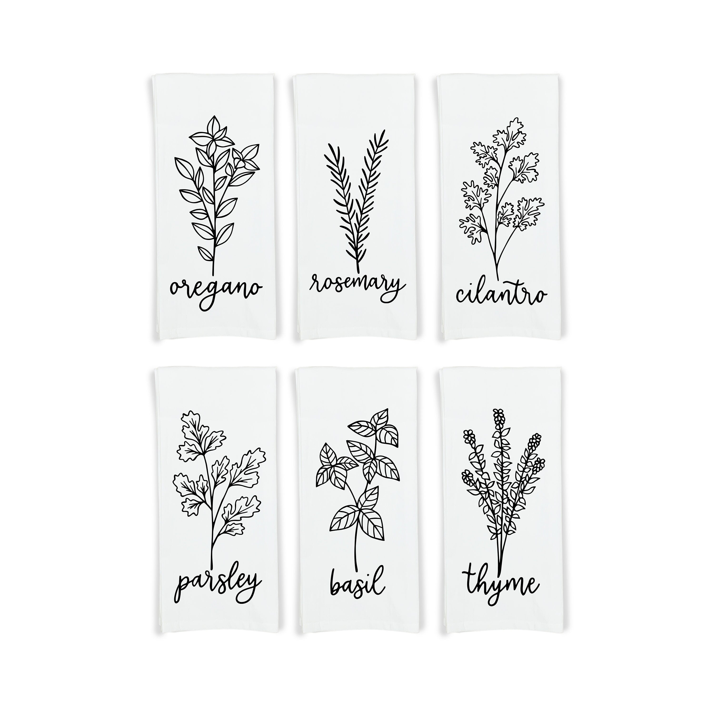 Herb Flour Sack Kitchen Towels - Set of 6 Oregano Rosemary Cilantro Mint Basil Thyme Farmhouse Birthday Christmas Mothers Day Gift for Women