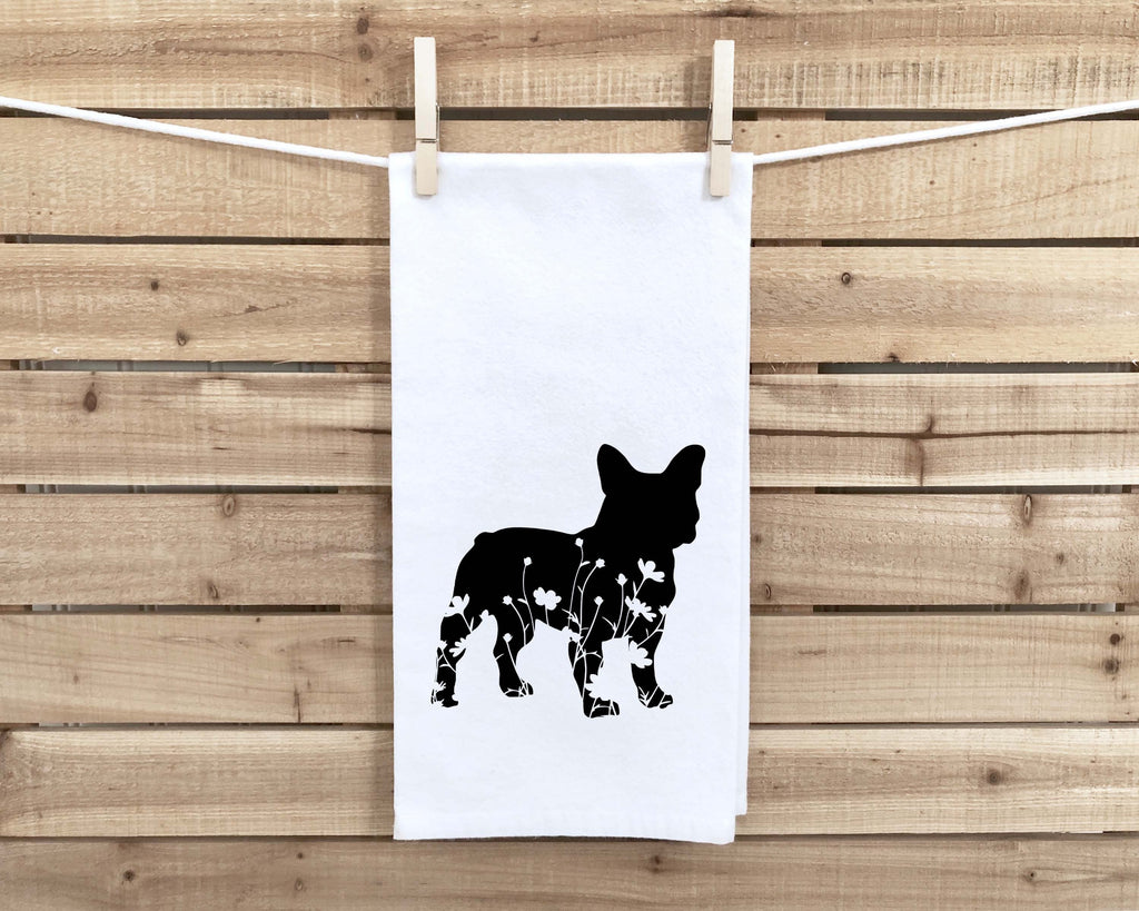 French Bulldog Floral Silhouette Flour Sack Kitchen Towel Frenchie Dish Housewarming Birthday Christmas Gift for Women Men Mom Dog Lovers