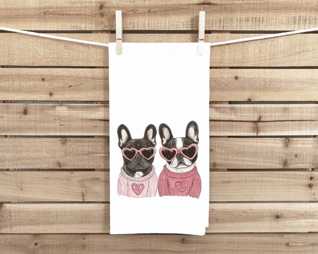French Bulldogs Wearing Heart Shaped Sunglasses Flour Sack Tea Towel Valentine's Day Birthday Mother's Day Christmas Gift for Frenchie Lover
