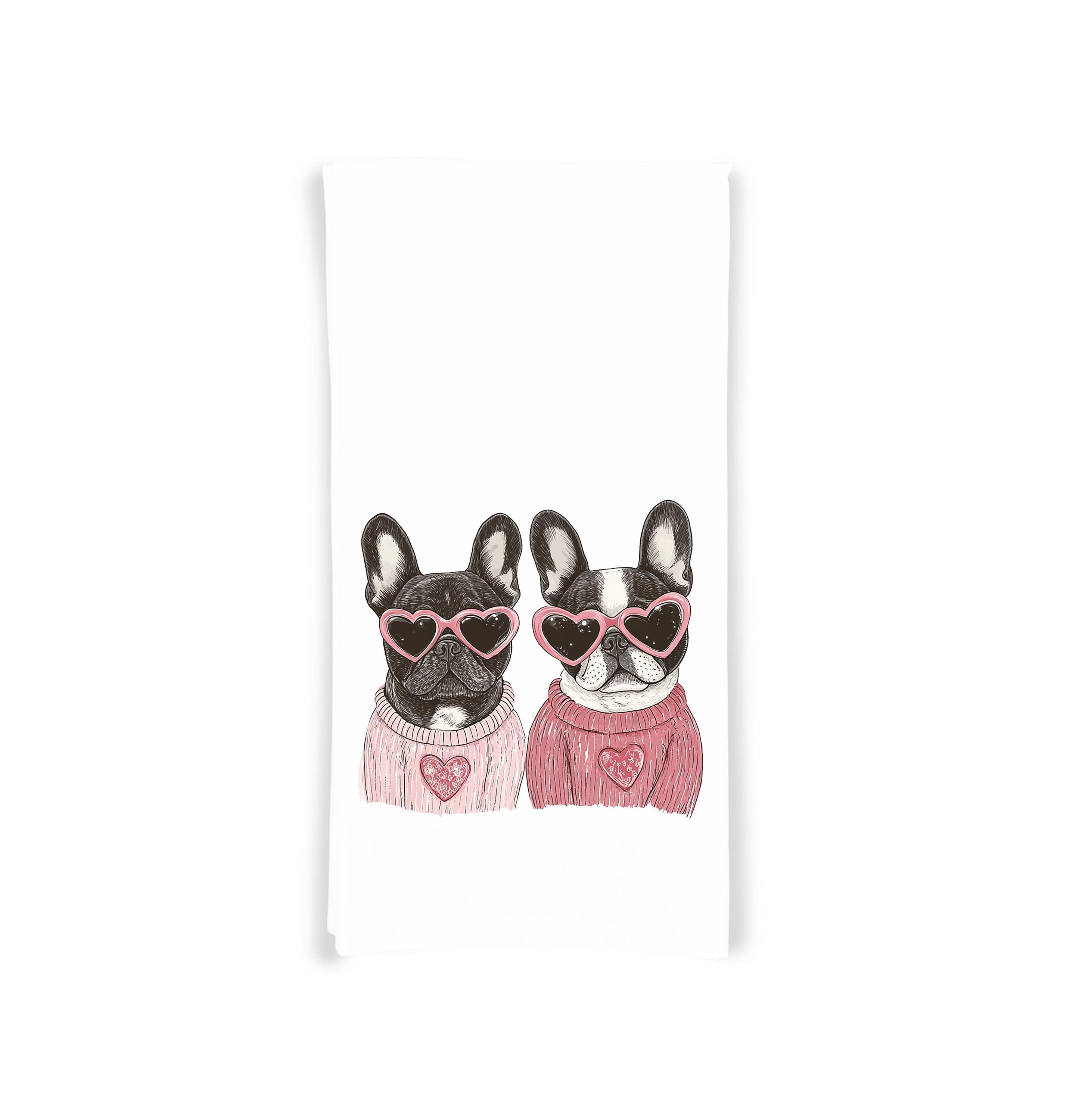 French Bulldogs Wearing Heart Shaped Sunglasses Flour Sack Tea Towel Valentine's Day Birthday Mother's Day Christmas Gift for Frenchie Lover