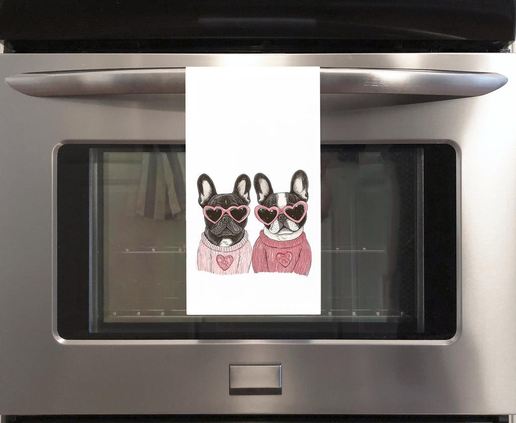 French Bulldogs Wearing Heart Shaped Sunglasses Flour Sack Tea Towel Valentine's Day Birthday Mother's Day Christmas Gift for Frenchie Lover